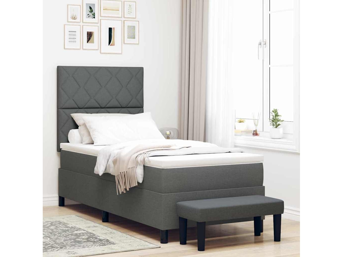 Vidaxl Cama Box Com Cabeceira Cinza Escuro 90 X 190 Cm Tecido