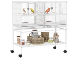 Gaiola Grande para Pássaros com Rodas Divisórias 4 Comedouros 4 Poleiros de Prateleira 2 Bandejas Removíveis 95x45,5x102 Cm Branco Ge