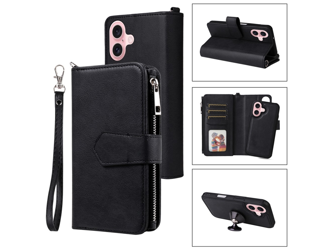 Capa Em Couro Pu Para Apple Iphone 16 Cor Preto