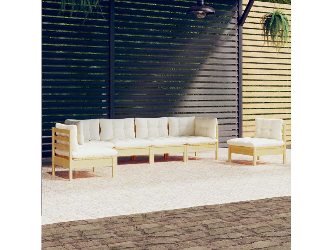Vidaxl 6 Pcs Conjunto Lounge Jardim C/ Almofadões Creme Pinho Maciço