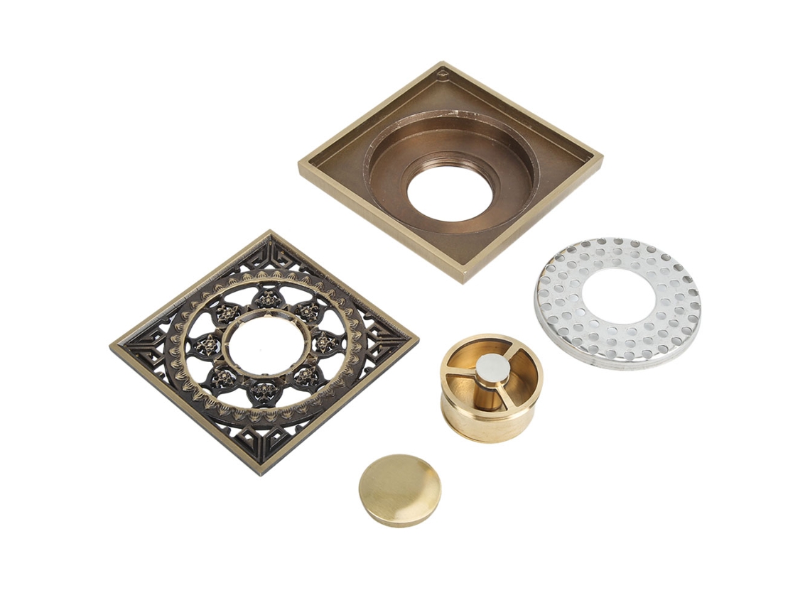 Dreno de Chuveiro de Latão 10x10cm Dourado para Banheiro Cozinha Varanda Anti Obstrução com S/MARCA