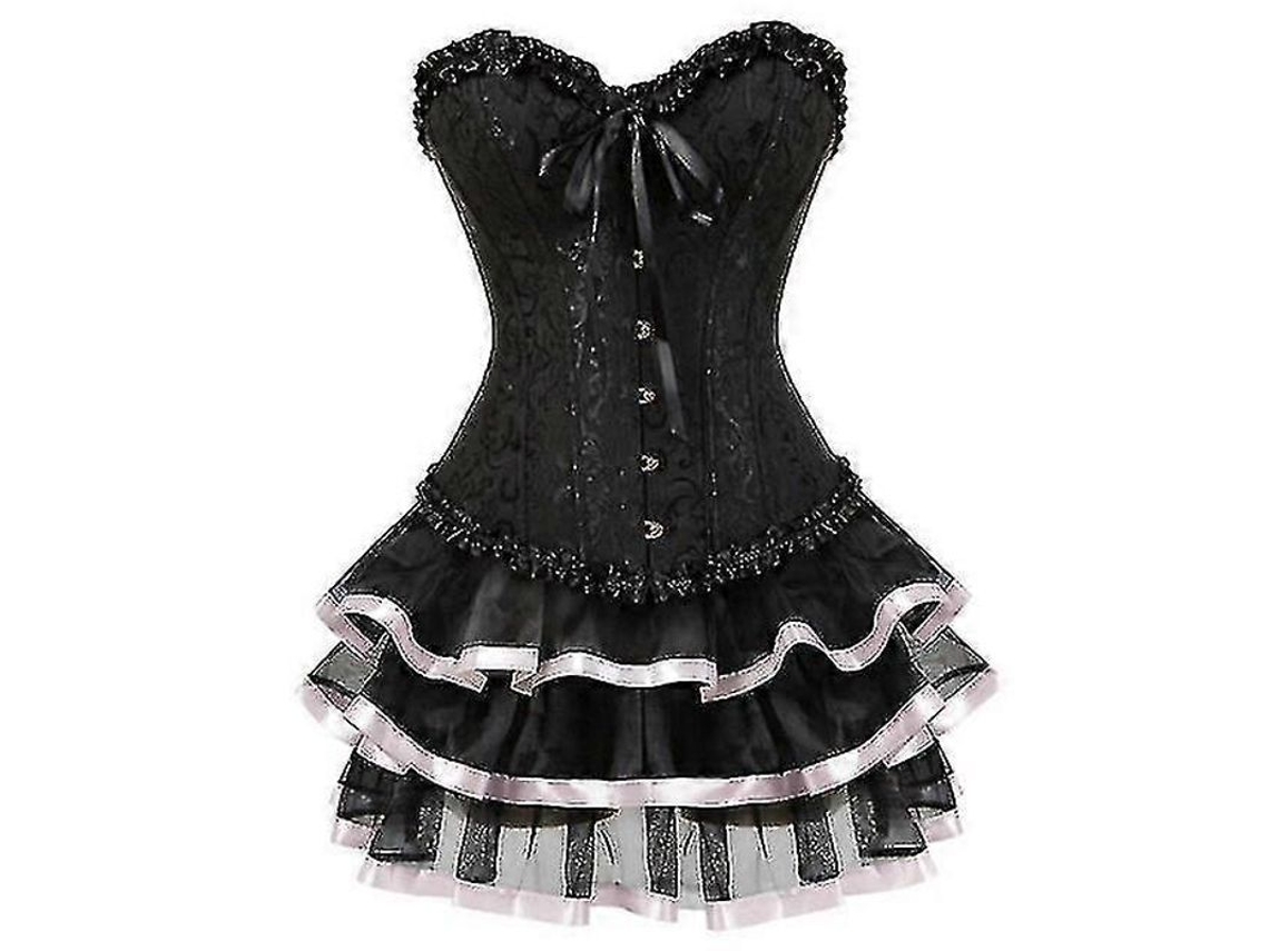 Traje De Corsé Overbust Burlesco Para Mulher Tamanho Grande Com Saia Mini Tutu Brocado Estampado Bordado Ossos Plásticos Rosa Xxxl
