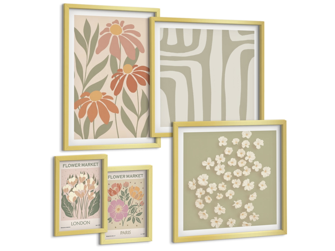 Conjunto De Pinturas Padrões Florais Londres Paris Boho Espelharte (5 Peças)