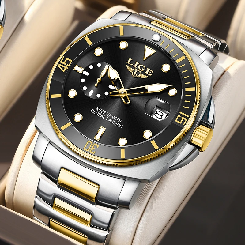Relógio De Mergulho De Luxo Luminoso E À Prova D'água (dourado E Preto), Relógio Militar De Quartzo Em Aço Inoxidável