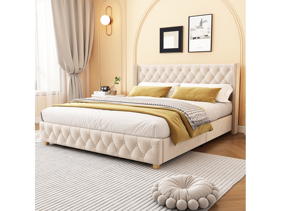 Cama Estofada 160200cm Com Estrado De Ripas E Cabeceira, Estofamento Com Botões E Tachas, Pés De Madeira, Veludo, Bege Claro Bga Store