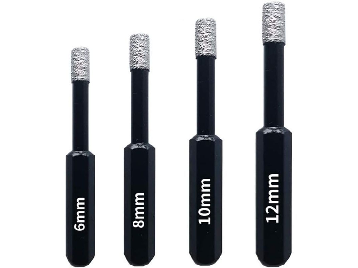 Conjunto de 4 brocas de diamante profissionais, 6mm, 8mm, 10mm, 12mm, para cerâmica, vidro, pedra | S/MARCA