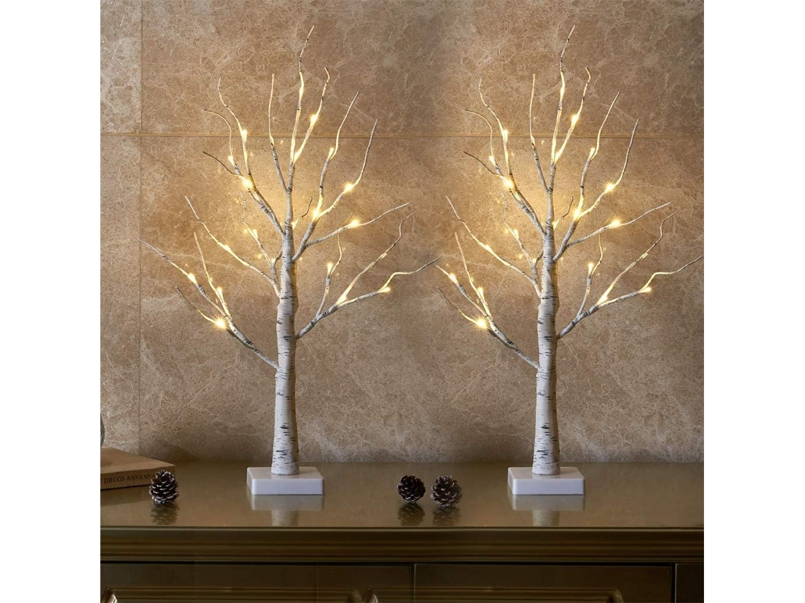 Conjunto de 2 Pequenas Árvores Natal com Galhos Bétula, Iluminadas com 24 Luzes Led Brancas Quentes, Alimentadas por Bateria BRILVIBERA
