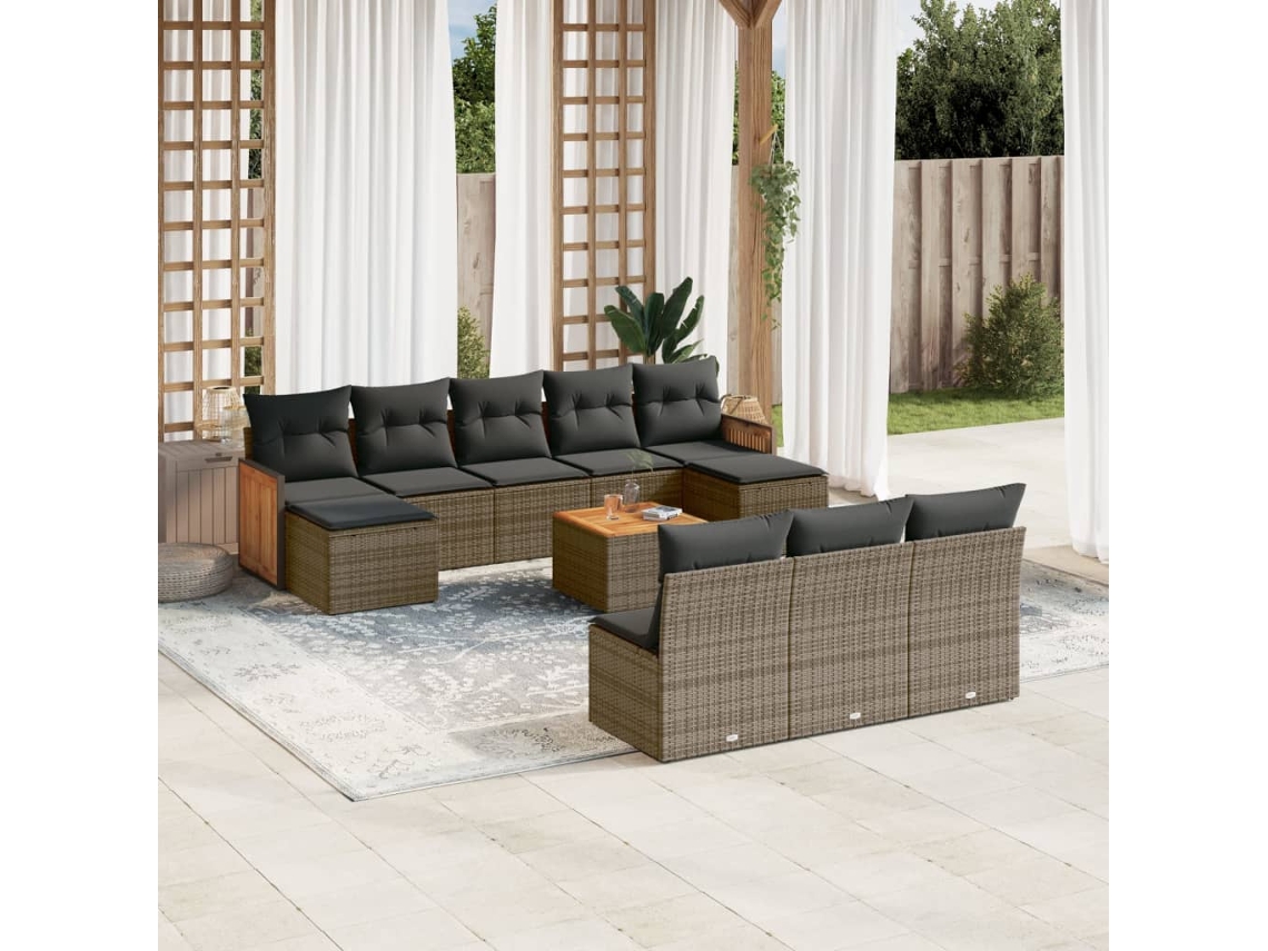 Vidaxl 11 Pcs Conjunto Sofás De Jardim C/ Almofadões Vime Pe Cinzento