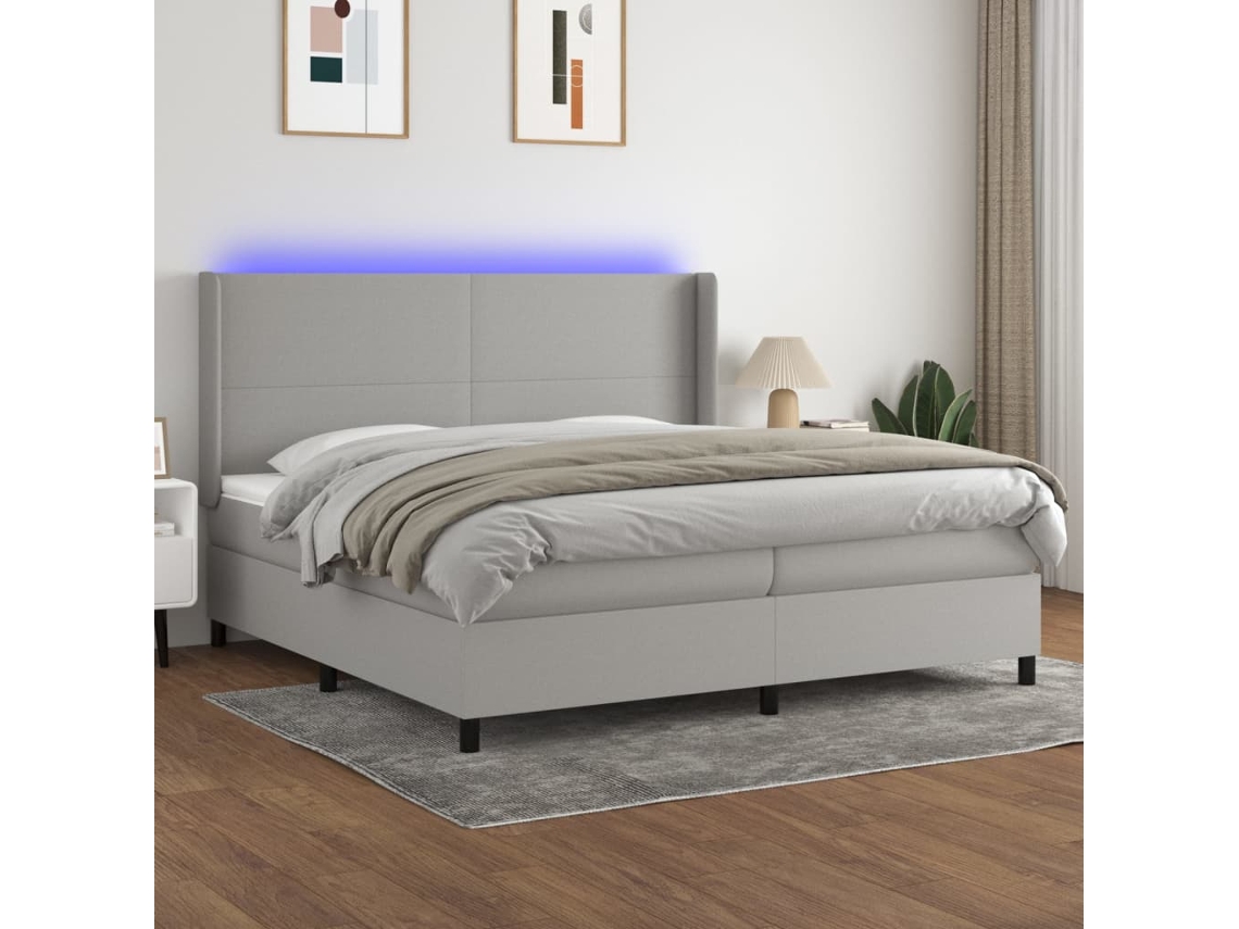 Cama Box Spring C/ Colchão E Led 200x200 Cm Tecido Cinza-claro