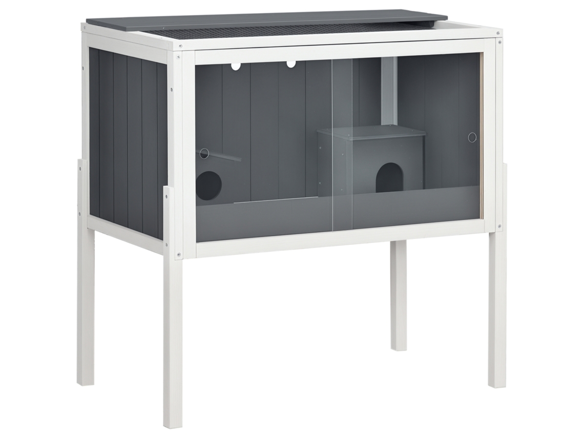 Gaiola de madeira para hamster com 2 portas de acrílico e 2 casinhas para pequenos animais, 82x45x81 cm, cinza escuro.