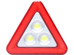 Triângulo de segurança LED vermelho para veículos e locais de trabalho, com design triangular.