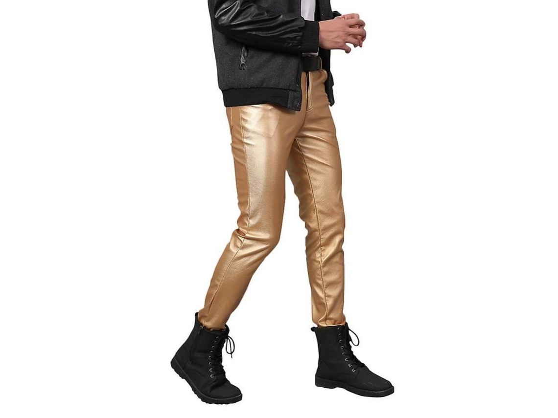Rebe-calças De Couro Casual Homem Tamanho Médio Corte Retangular Slim Cor Solida Eij Ue 29 Oro