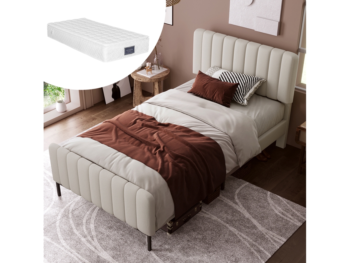Cama de Solteiro 90x200 Cm, Cabeceira Ajustável, Estrutura Estofada, Lençóis Cinza bege, com Colchão. VSOGA