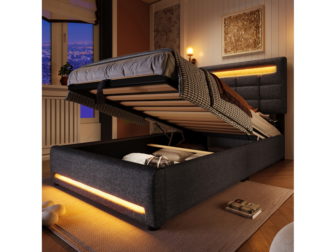 Polsterbett 90x200cm Grau Com Led Usb App E Hidráulica Sem Colchão