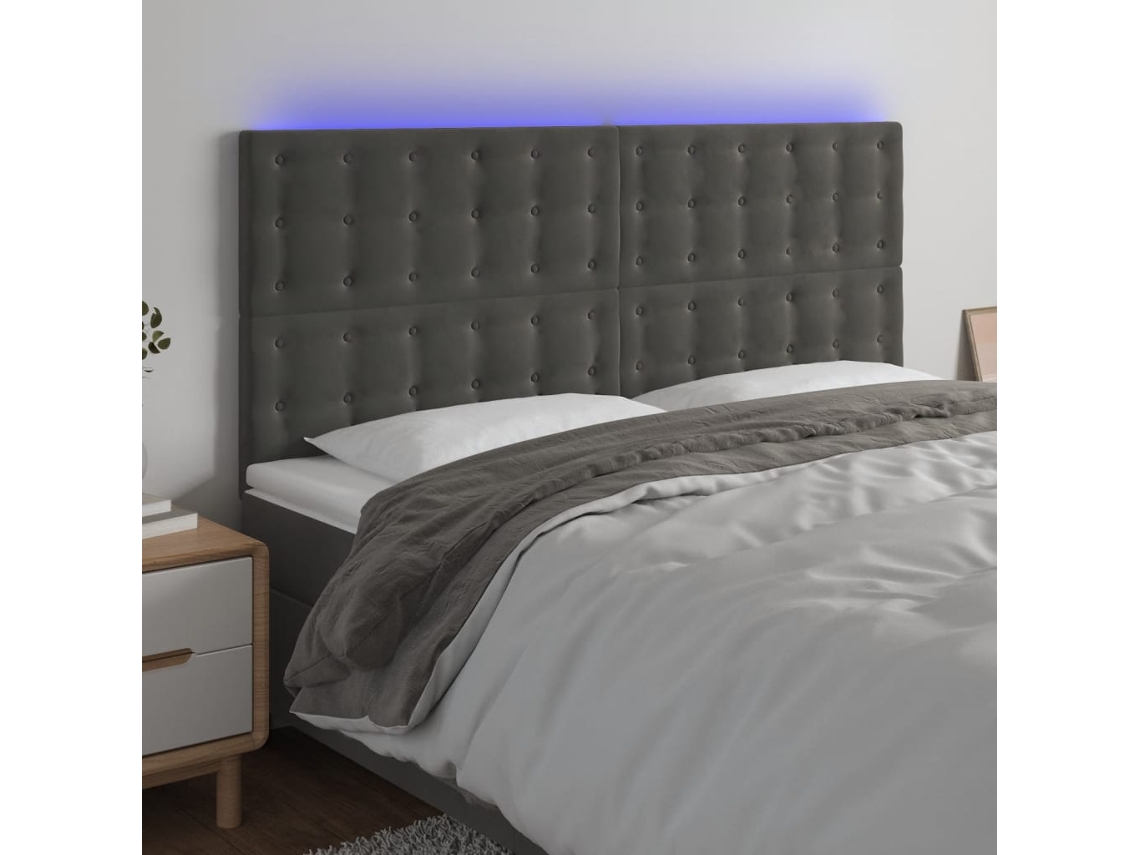 Vidaxl Cabeceira De Cama C/ Led Veludo 160x5x118/128 Cm Cinza-escuro
