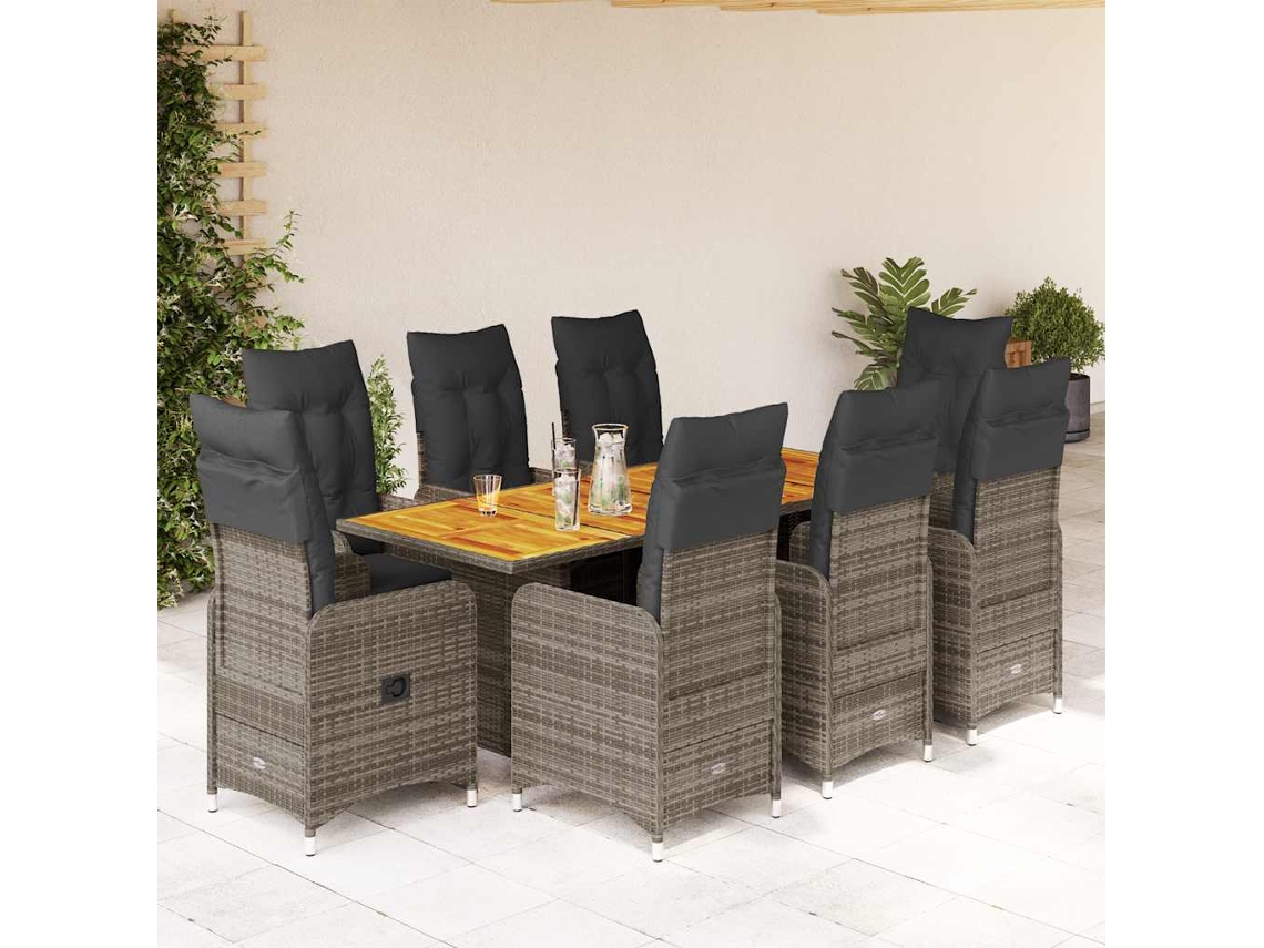 Vidaxl 9 Pcs Conjunto Bistrô de Jardim C/ Almofadões Vime Pe Cinzento