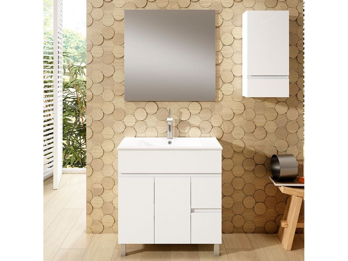 Móveis de casa de banho com lavatório, espelho e aplique LED URBAN 80x45 cm acabamento branco brilhante 2 gavetas e 2 portas
