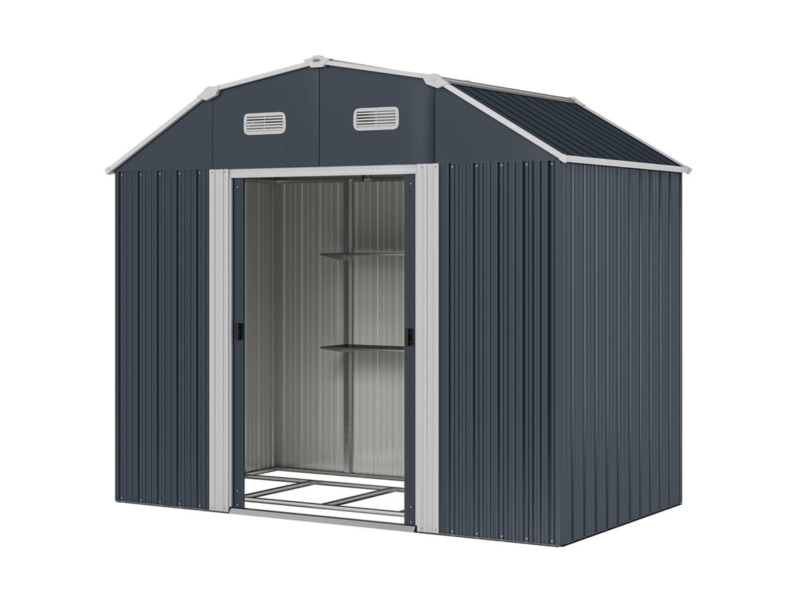 Galpão Metálico Externo 2,7 M² Cinza 238x132x198,5 Cm (prateleiras Ajustáveis, Portas Deslizantes, Janelas)