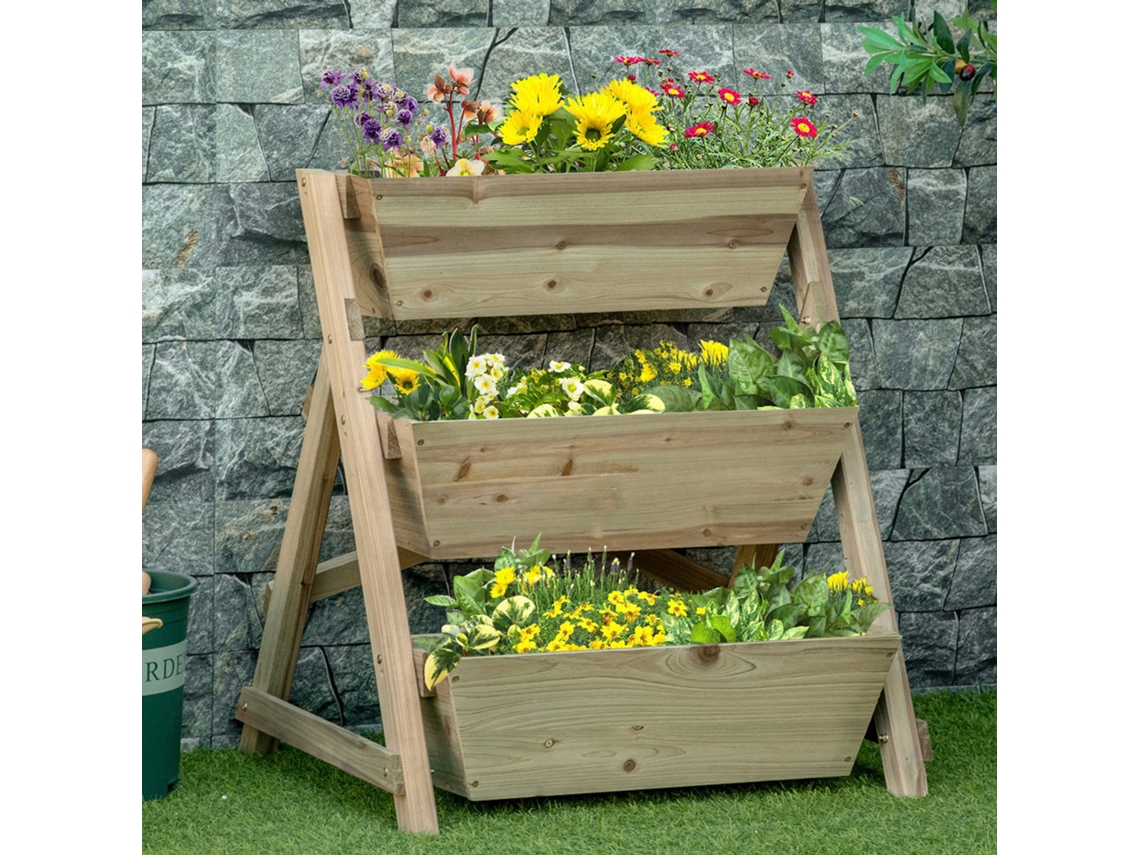 Canteiro Outsunny, Escada Para Flores Em Madeira Com 3 Plataformas, Estante E Suporte Para Flores, 71×61×77cm