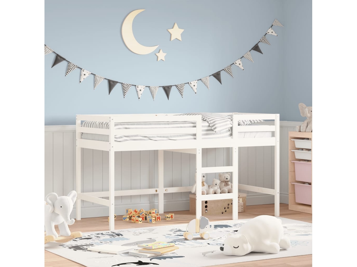 Cama Alta P/ Criança C/ Escada 90x190 Cm Pinho Maciço Branco