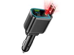 Carregador automotivo USB-C 4 em 1 com cabo retrátil e suporte PD3.0 para carregamento rápido.