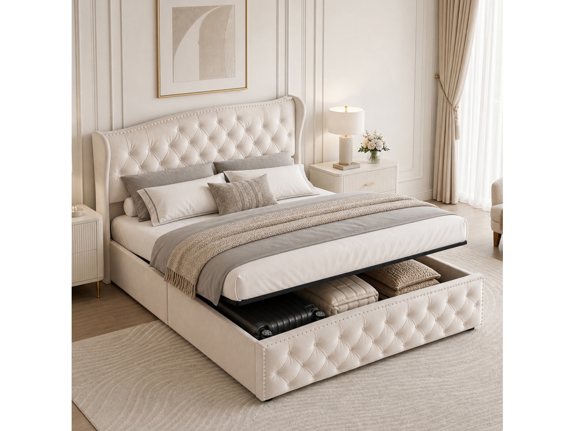 Cama De Casal Estofada 160x200cm Com Espaço De Arrumação, Cama Hidráulica Com Base De Ripas E Cabeceira Almofadada, Veludo, Bege, Simurq