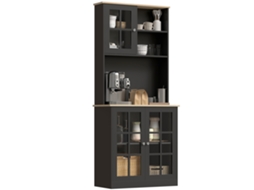 Armário De Cozinha Com Prateleiras E Portas De Vidro Armário Alto De Cozinha Para Pequenos Eletrodomésticos E Louças 80x37x183 Cm Preto