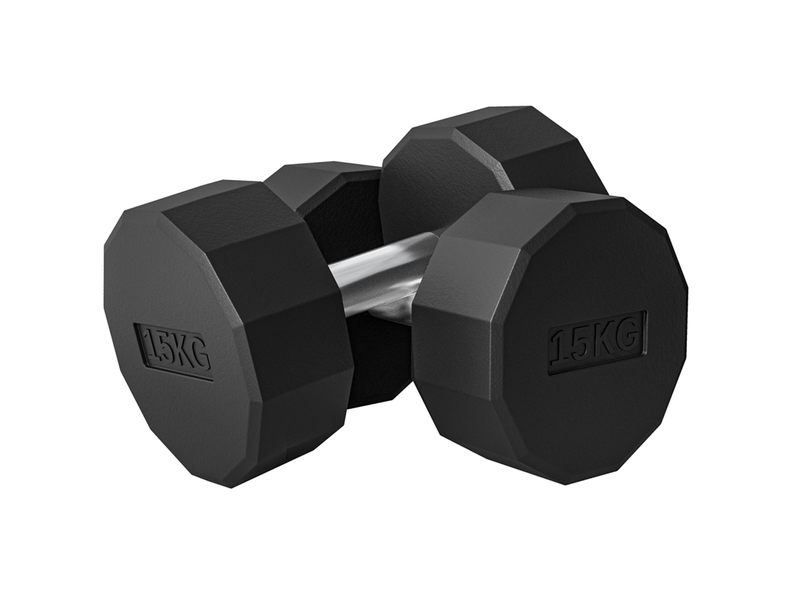 Conjunto de 2 cabrestos de 12 lados para 15 kg em metal e borracha com alça antiderrapante. 26x15,5x15,5 cm. Preto