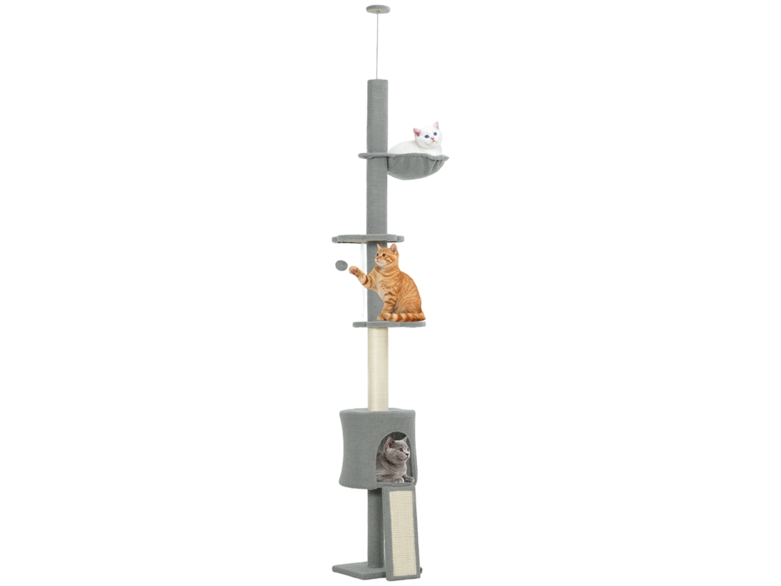 Do Chão Bola Ao Teto Árvore De Gato Altura Ajustável 220-240cm Com Rede Plataformas Flores Cavernas Rampa Cinza Claro