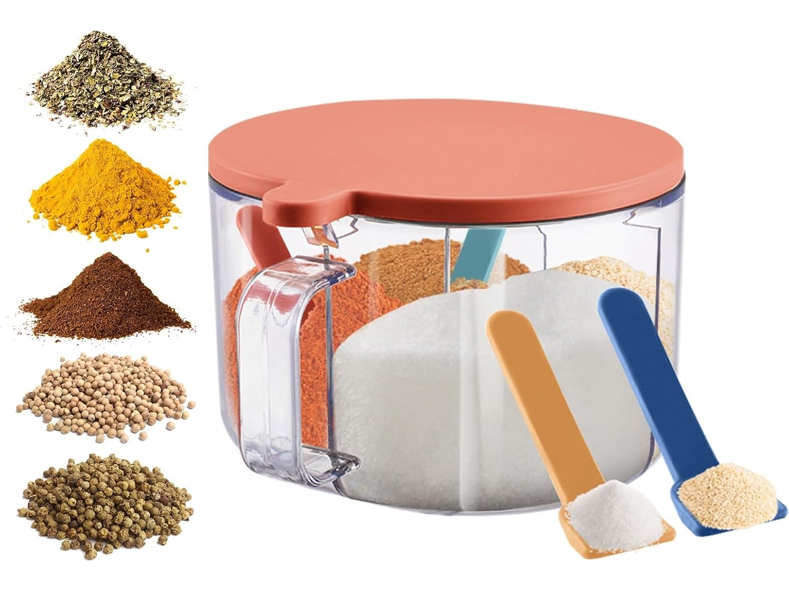 Organizador De Temperos 1 Peça 4 Compartimentos Transparente Tampa Colher Alça Cozinha