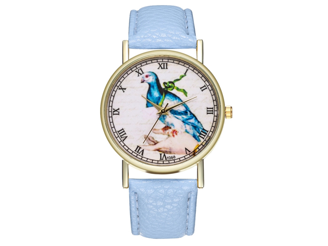 Relógio feminino de quartzo com pulseira de couro e design clássico de pássaro, azul claro.