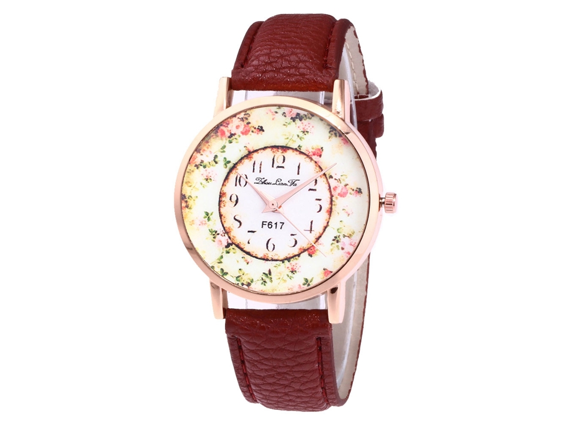 Relógio feminino moderno com mostrador redondo, mecanismo de quartzo e pulseira de couro sintético, na cor marrom.