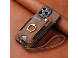 Adequado Para Capa De Couro Para Celular Iphone, Com Escova Antifurto Rfid, Fivela De Anel, Cordão, Suporte Para Cartão Multifuncional Marrom Com Cor