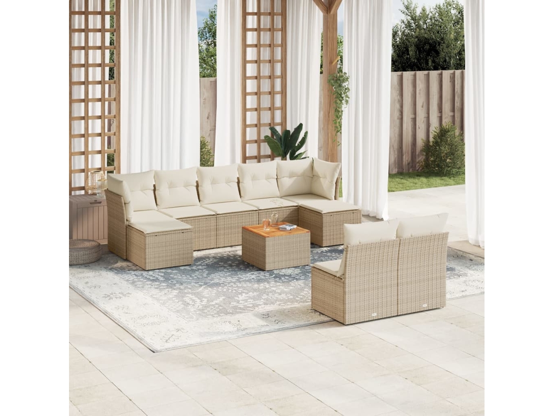 Vidaxl 10 Pcs Conjunto De Sofás P/ Jardim Com Almofadões Vime Pe Bege
