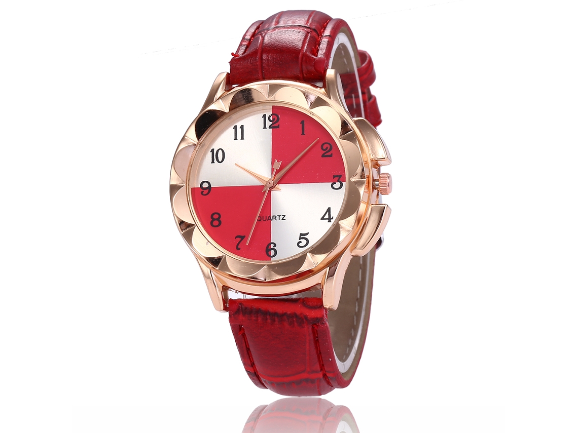 Relógio feminino Zhoulianfa de quartzo com pulseira de couro PU e mostrador bicolor vermelho.