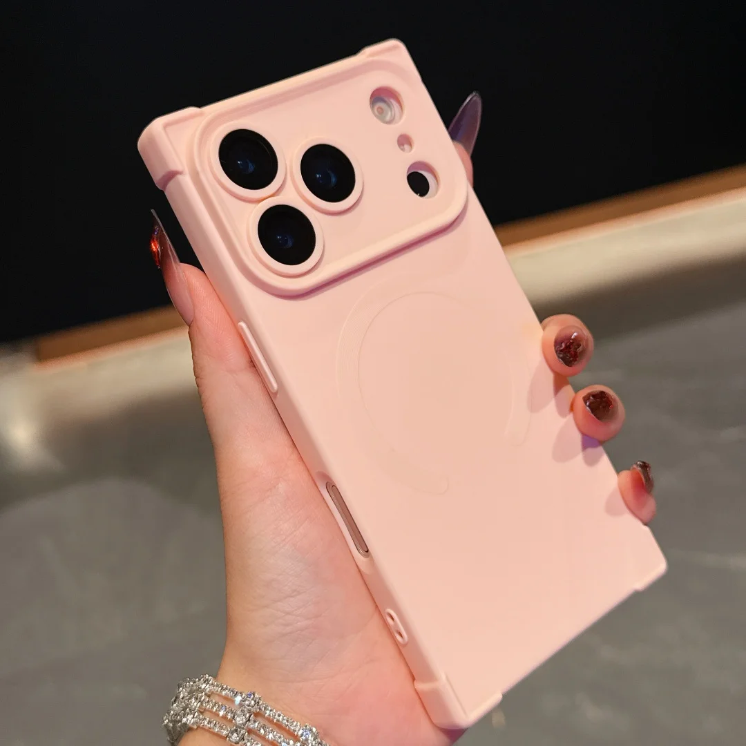 (rosa 17promax) Capa De Celular Magnética Com Carregamento Sem Fio E Bordas Retas, Em Silicone.