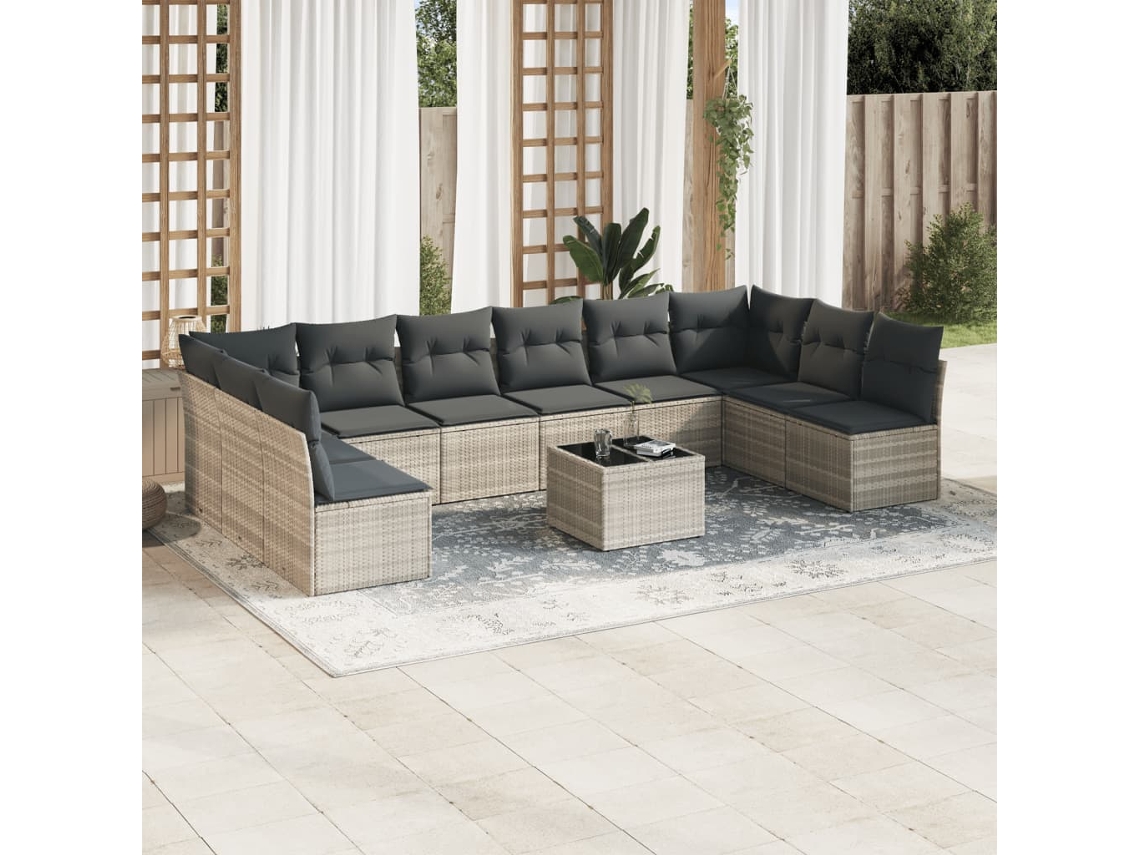 Vidaxl 11 Pcs Conjunto Sofás De Jardim C/ Almofadões Vime Pe Cinzento