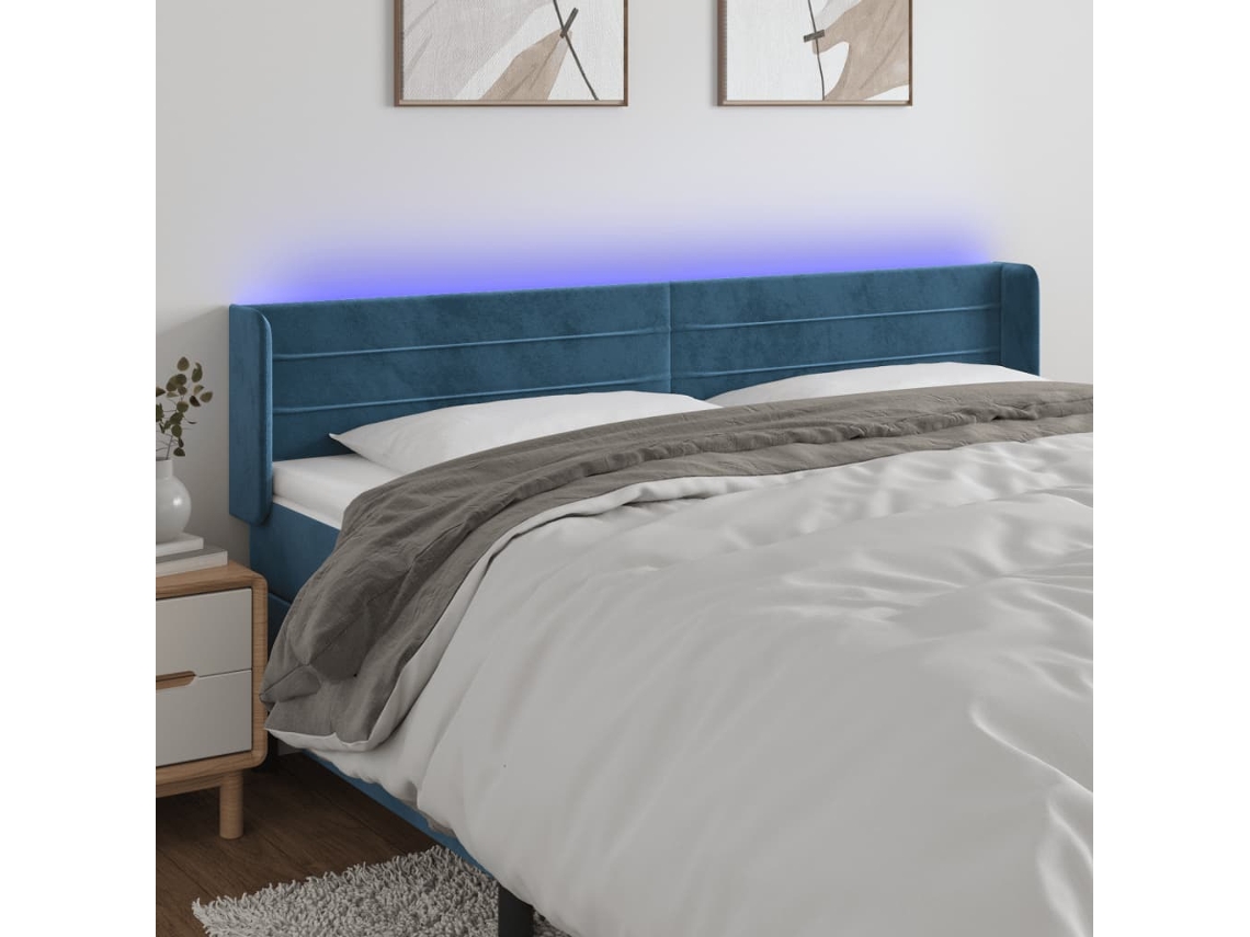 Cabeceira Cama C/ Luzes Led Veludo 203x16x78/88 Cm Azul-escuro