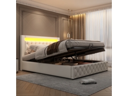 Cama Com Arrumação Estofada Funcional Ripas Espaço Iluminação Led Função Pangshiyuan Pele Sintética Branco (140x200)