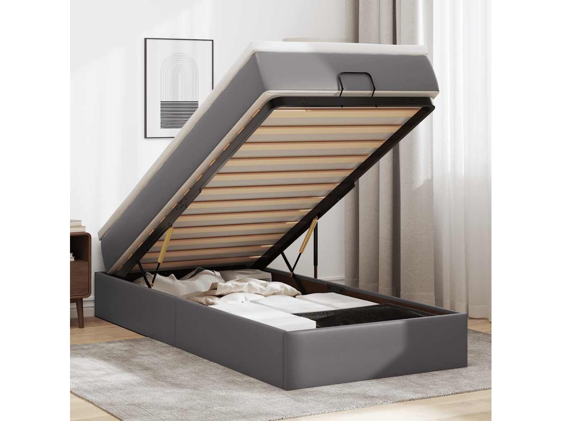 Vidaxl Estrutura de Cama Otomana com Colchão Cinza Couro Falso