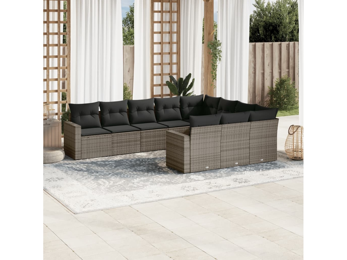 Vidaxl 10 Pcs Conjunto Sofás De Jardim C/ Almofadões Vime Pe Cinzento