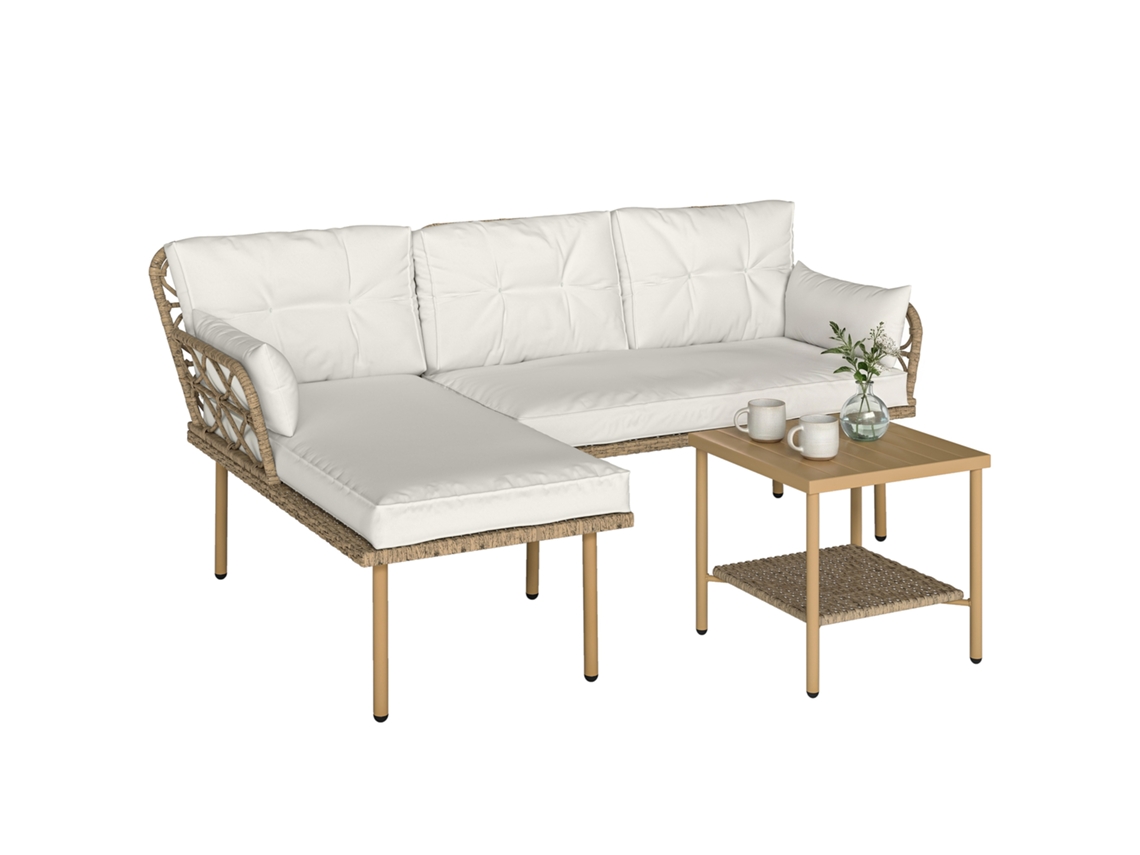Conjunto de Jardim de 3 Peças com Chaise Longue, Sofá, Almofadas e Mesa de Centro, em Rattan e Aço, Branco Creme e Madeira.