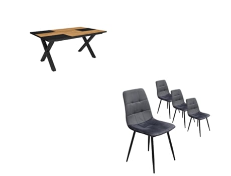 Conjunto Móveis Mesa de Sala de Jantar 170 Oak e Black Industrial Mesa Jantar Conjunto de 4 Cadeiras de Jantar Cadeira Estofada DUERMETE ONLINE