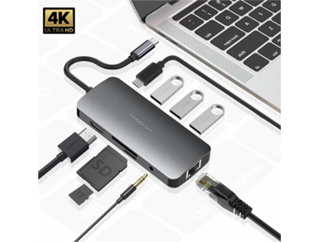 Hub Usb-C para Hdmi 4K/30Hz 3 Portas Usb 3.0 Tomada Rj45 a 1000Mbps Leitor Sd/Tf2.0 Saída de Áudio Dc3.5 Carga Rápida Power Deli OVEGNA Pl005