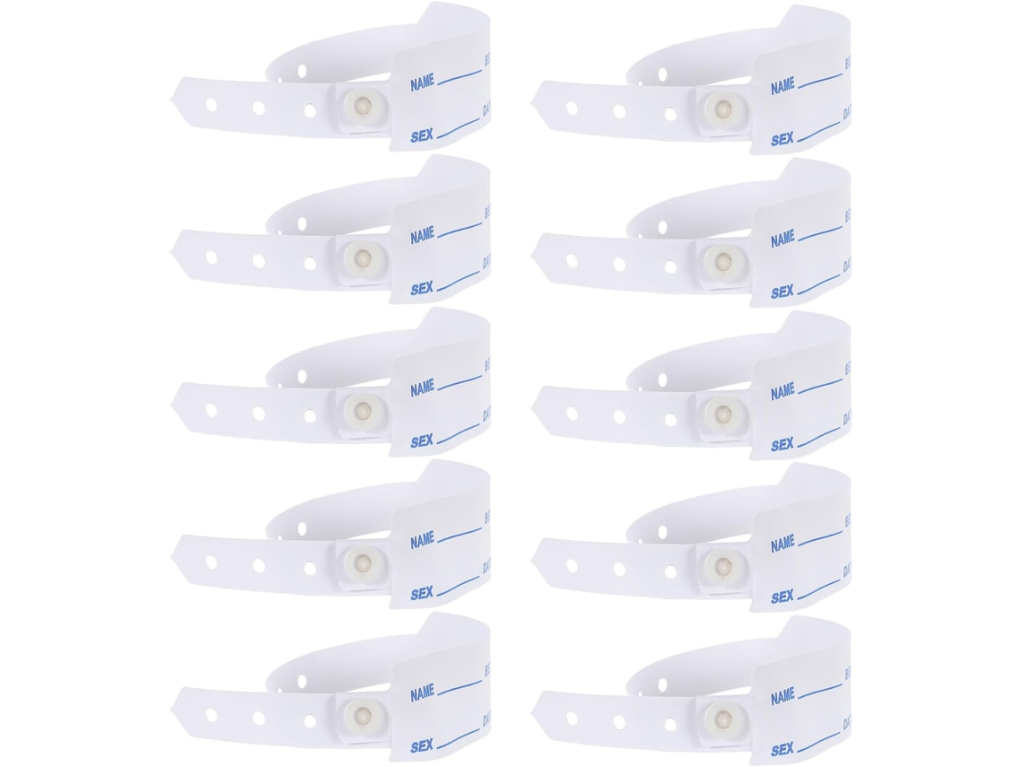 Pacote com 100 pulseiras de PVC ajustáveis para identificação precisa de pacientes em ambientes hospitalares. Ideal para adultos.