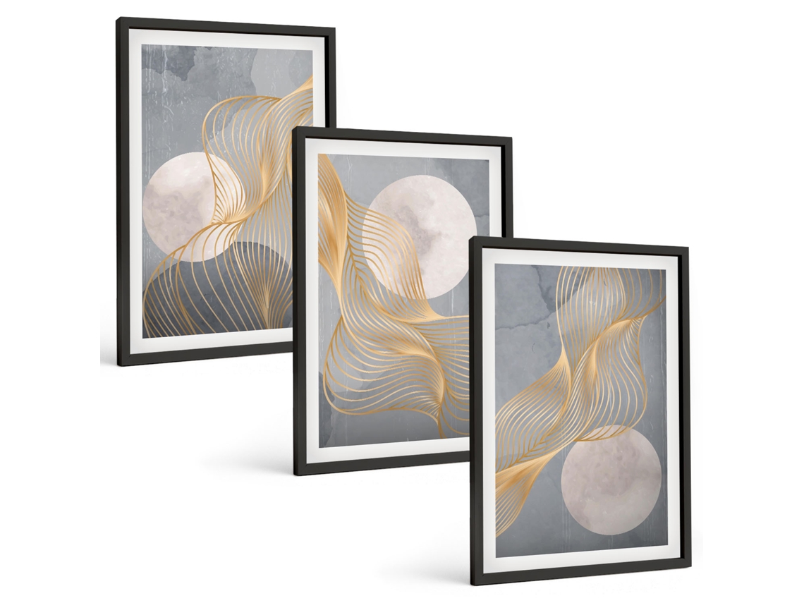 Conjunto De Pinturas Padrões Abstratos, Ondas, Círculos Espelharte (3 Peças 40x60 Cm)