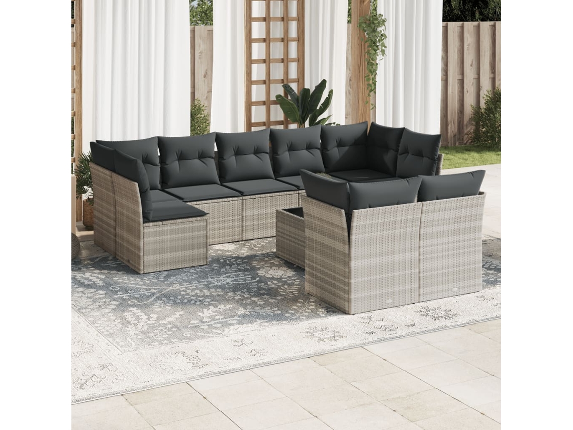 Vidaxl 10 Pcs Conj. Sofás Jardim Com Almofadões Vime Pe Cinzento-claro