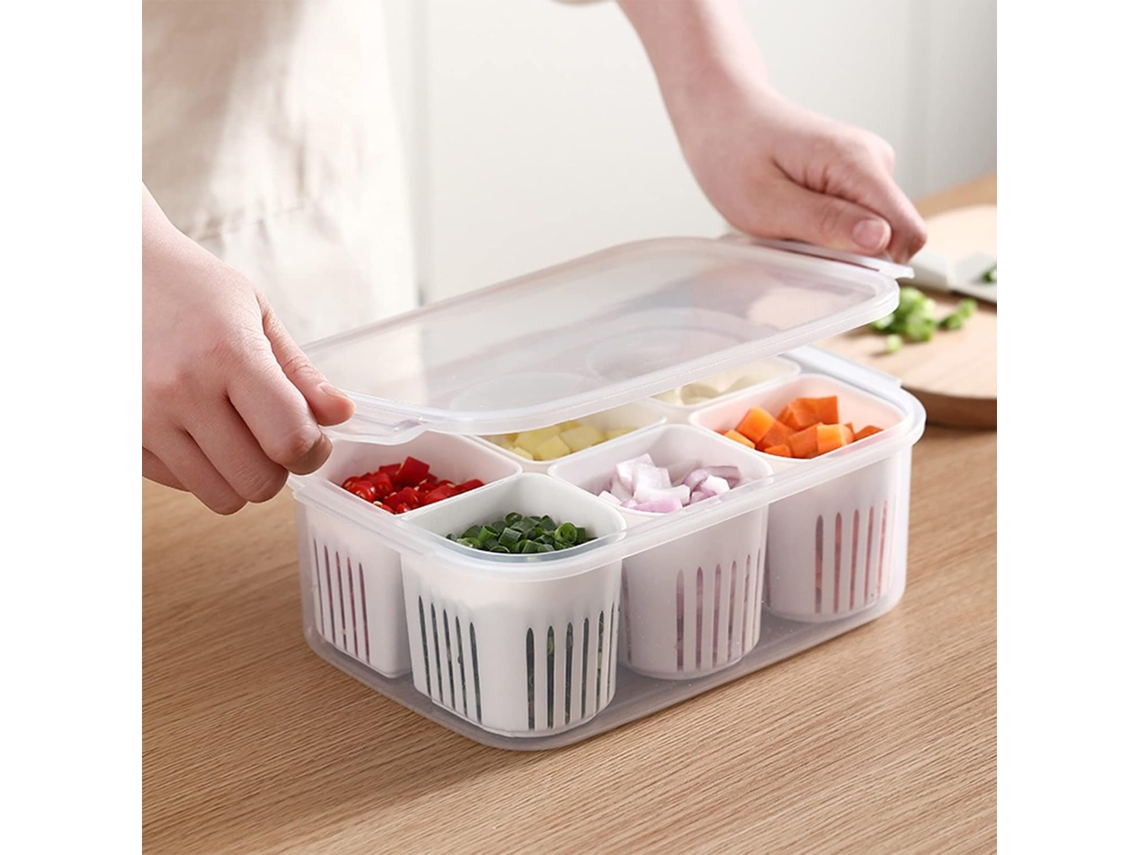 Recipiente Refrigerado Com Tampas Herméticas E 6 Cestos Removíveis Para Escorrer Legumes, Acessório Funcional Para Uso Doméstico E Cozinha