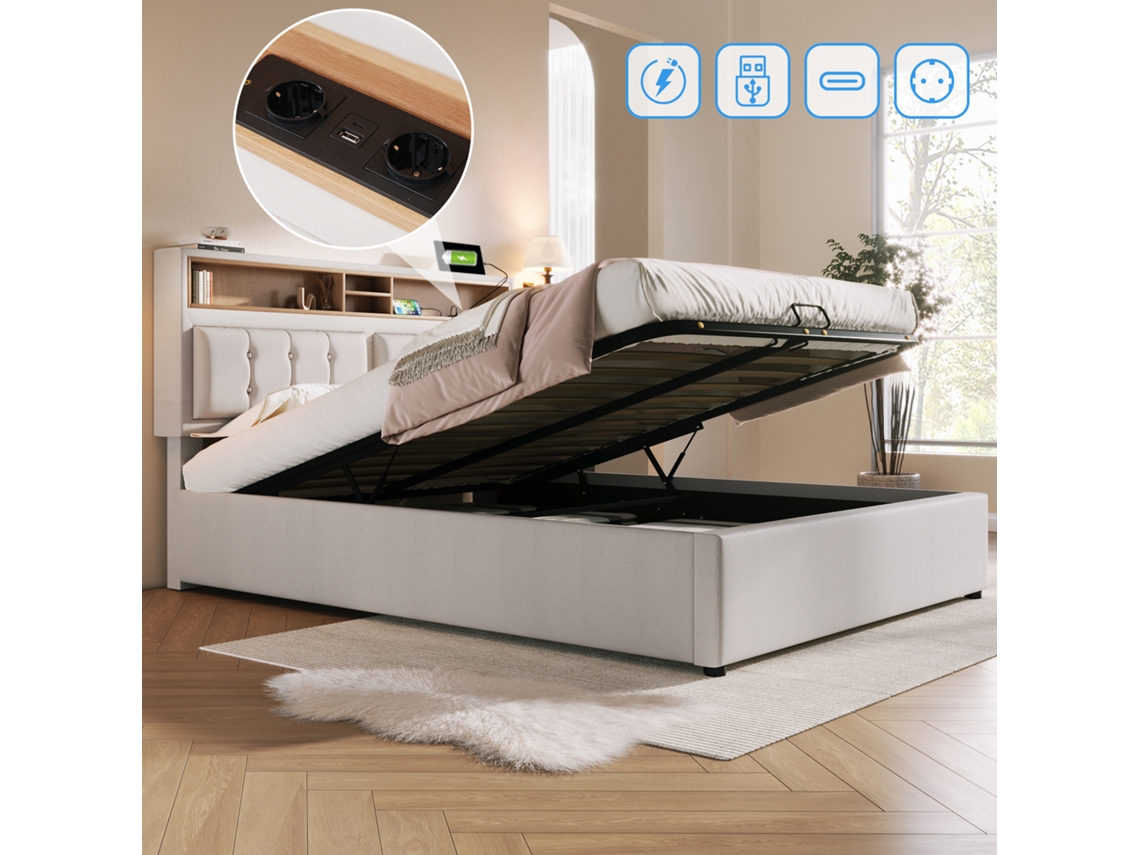 Cama Casal 140x200 Sem Colchão Usb C Armário Estrutura Linho