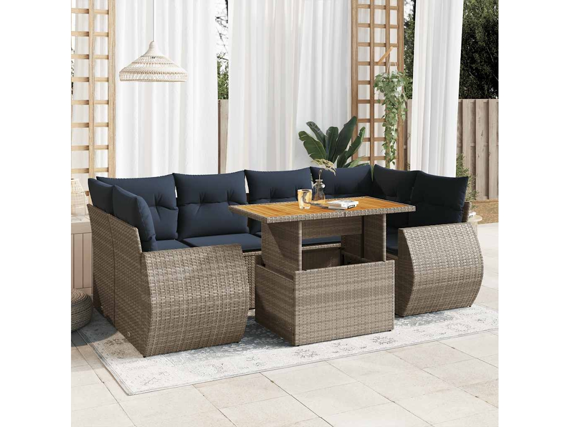 Vidaxl 7 Pcs Conjunto Sofás P/ Jardim C/ Almofadões Vime Pe Cinzento
